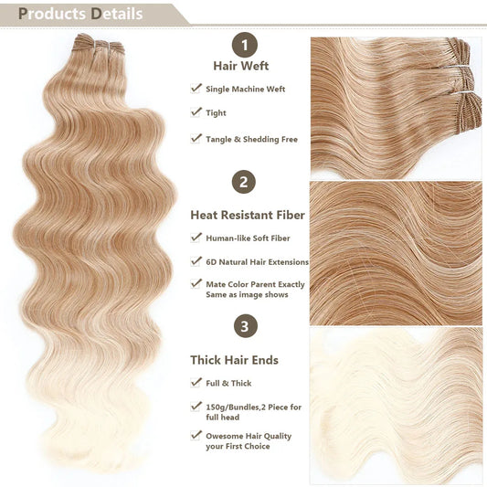 Magicae Synthetic Hair Extensions Body Wave Hair Bundles 26“ 150g Omber Blonde Weave High Temperature Fiber Body Ponytail Hair