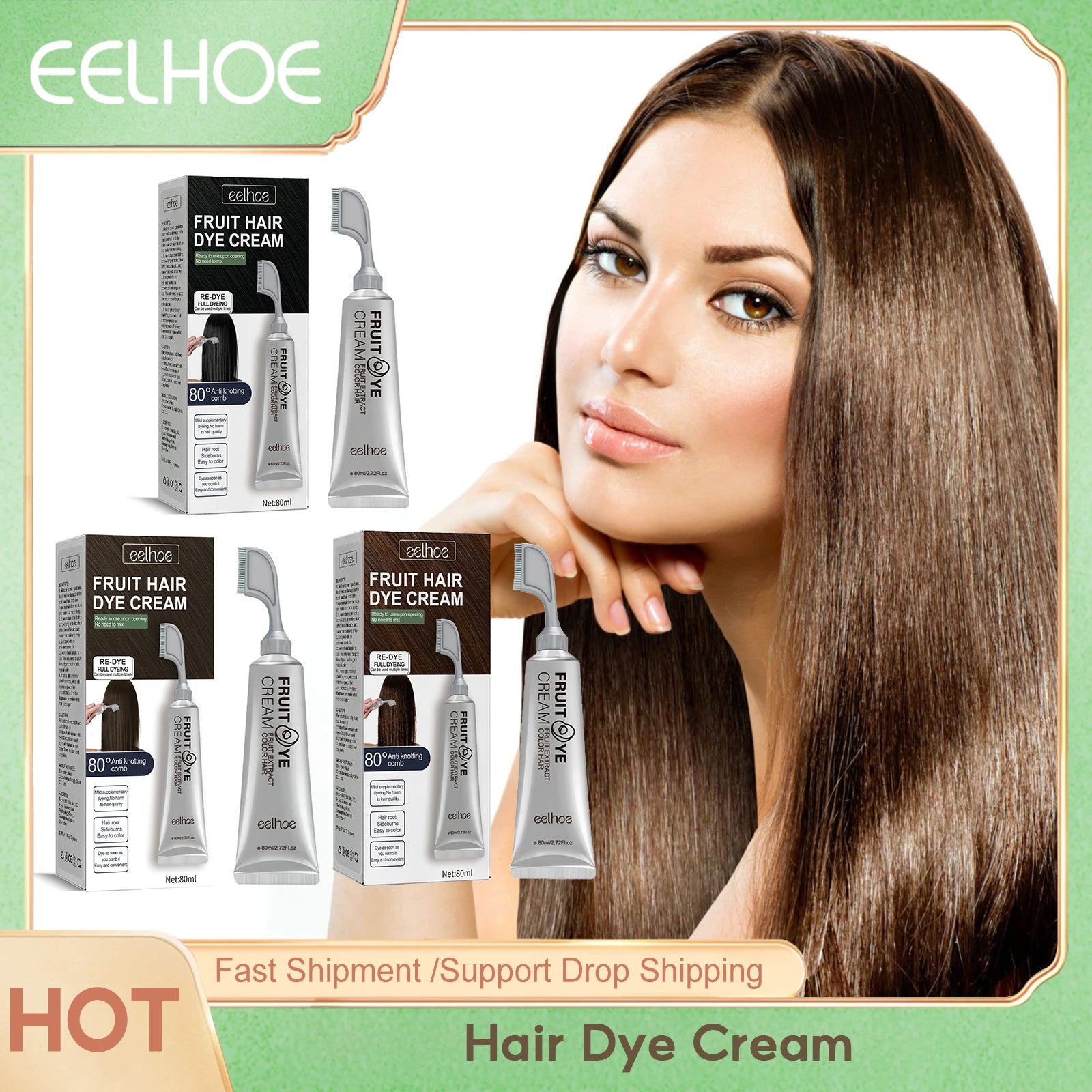 EELHOE Natural Hair Dye Cream with Comb Long Lasting Cover White Gray Hair Cream Fruit Hair Dye Permanent Hair Color Cream 80ml