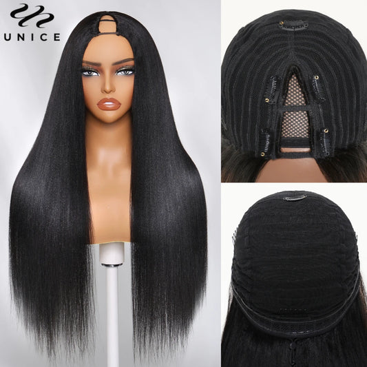 UNice Hair Yaki Straight V Part Wig 100% Human Hair V Shaped Wig Upgrade U Part Wig No Sew In Clip In Half Wig Read To Wear Go