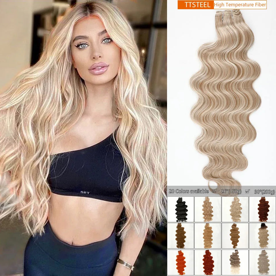 Highlight Gold Bio Body Wave Hair Weave Bundles 26"/30" Synthetic High Temperature Soft Natural Human-Like Fiber Hair Extensions