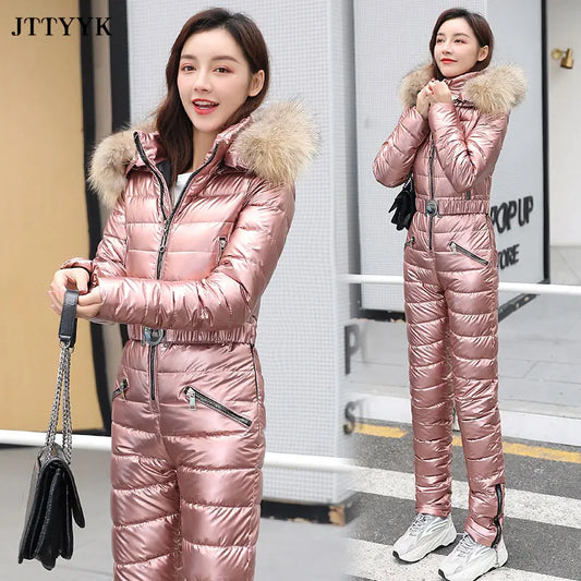 One Piece Ski Suit Women Jackets Winter Hooded Parka Jumpsuit Women Cotton Bodysuit Sashes Jumpsuits Zipper Overalls Tracksuits