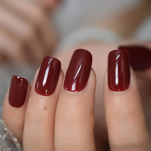 Burgundy Fake Nails Glossy Claret Press On False Nail Medium Squoval gel Full Cover Artificial Nail Tip With Adhesive Sticker