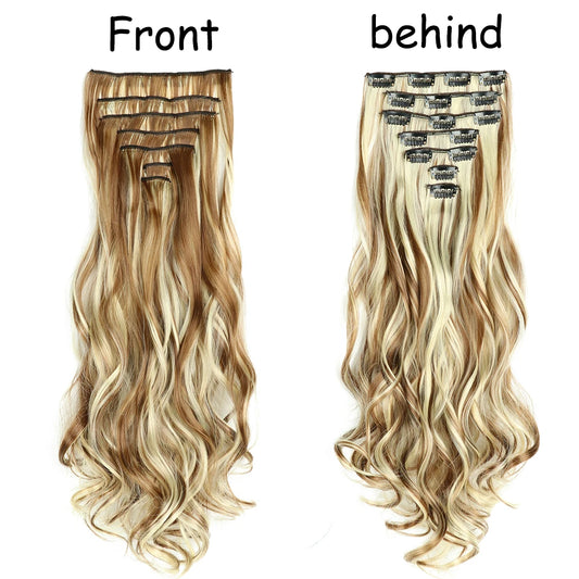 24Inchs 16 Clips in Hair Extensions Long Wavy Hairstyle Synthetic Blonde Black Hairpieces Heat Resistant False Hair