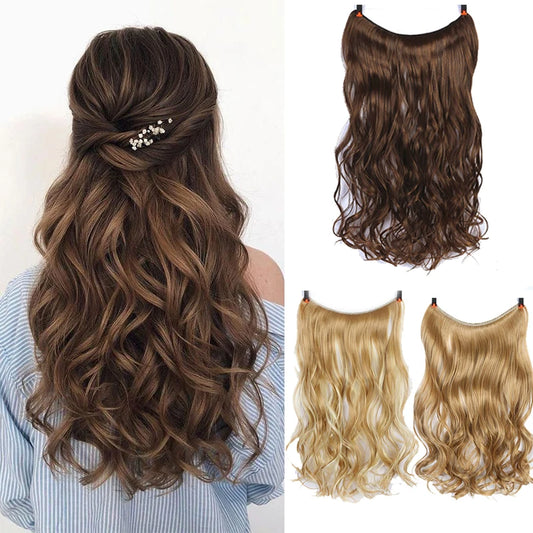 XUANGUANG Synthetic 24inch Invisible Hair Wire Without No Clip Hair Extension Fishing Line Wig Wavy Hair Female False Hair Piece