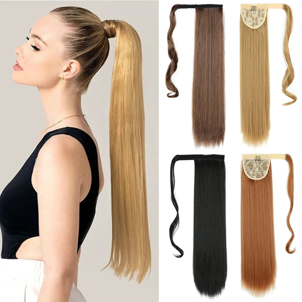 Long Straight Ponytail Wrap Around Ponytail Clip in Hair Extensions Natural Hairpiece Headwear 22"32"Synthetic Hair Pony tail