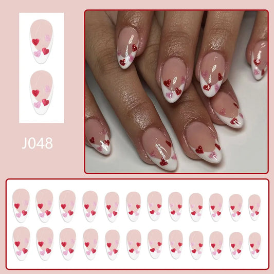 24Pcs Short Glossy Almond-Shaped Press On Nail French Edge Fake Nails Red Pink Heart Design Valentine's Day 2025 New For Girls