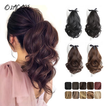 OLACARE Synthetic Short Wavy Curly Ponytail for Women Ribbon Drawstring Tied to Hair Tail Hair Extension Natural Fake Hairpiece