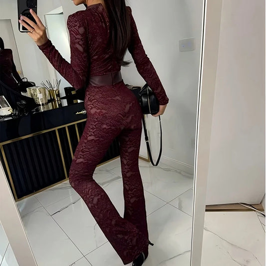 Women's Elegant Office Straight Pants Playsuit Sexy O Neck Lace Slim Club Jumpsuit Autumn Casual Long Sleeved High Waist Romper