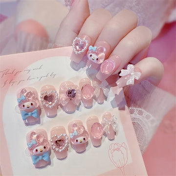 24Pcs Kawaii Miniso&Sanrio My Melody Fake Nails Cute Nail Patches Fashion Charm Press on Nails Women 2025 New Year Holiday Gifts