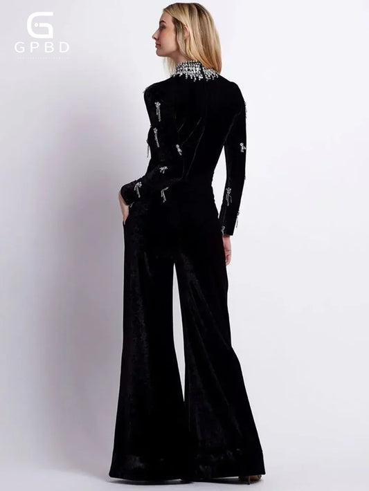 Sexy Turtleneck Beading Diamonds Bandage Jumpsuits Wide Leg Pants Women Black Long Sleeve Tassel Bodycon Jumpsuits