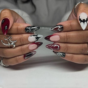 24pcs Almond Halloween Press on Nails Punk Metal Black Red Gradient French Fake Nails Bat Spider Pattern Halloween False Nails