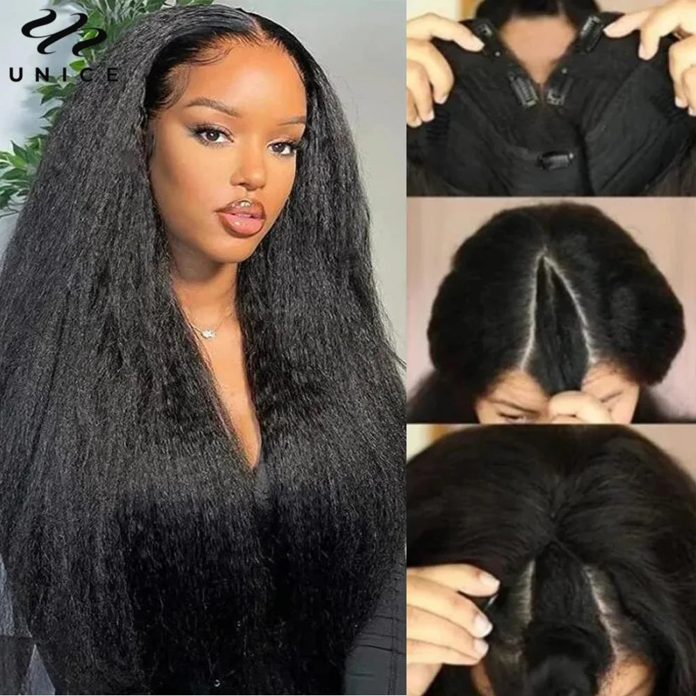 UNice Hair Kinky Straight V Part Wig U Part Wig 100% Human Hair No Glue Minimal Leave Out EasiContour V Part Wig With Drawstring