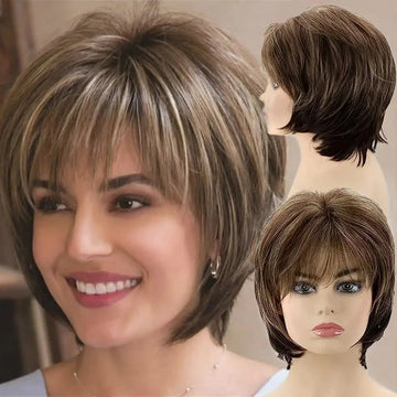 Brown Short  for White Women Layered  Pixie Cut  with Blonde Highlights Natural Looking Synthetic Hair Wit