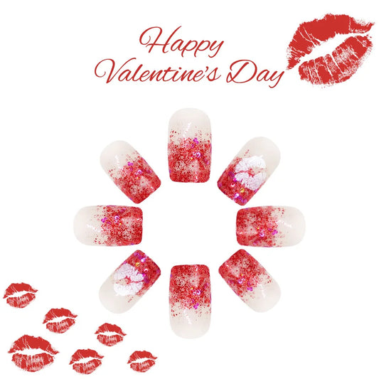 24 Pcs Short Medium Square Coffin Acrylic Press on Nails 2025 Valentine's Day Burgundy Glitter Lip Prints Fake Nails Manicure