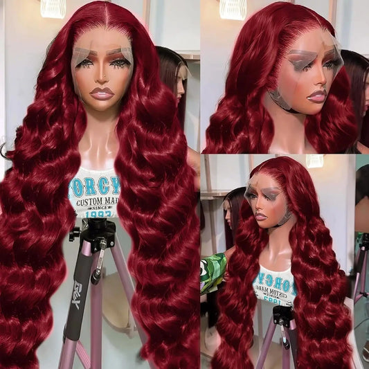 99j Burgundy Body Wave Human Hair 13x6 HD Transparent Lace Front Wig 13x4 Curly Colored 40 Inch Brazilian Hair For Women