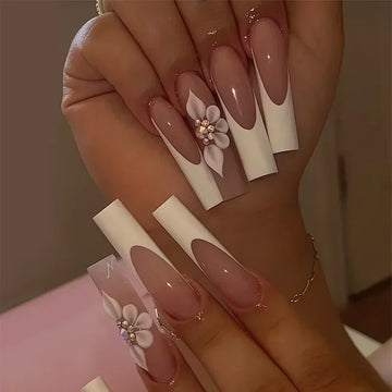 24Pcs White Edge False Nails Flower with French Design Long Wearable Fake Nails Pink Simple Full Cover Press on Nail Tips Art