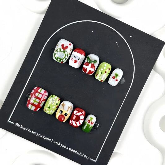 10pcs 2025 New Year Christmas Fake Nails Snowflake Design False Nails Art Full Cover Waterproof Removable Handmade Press on Nail