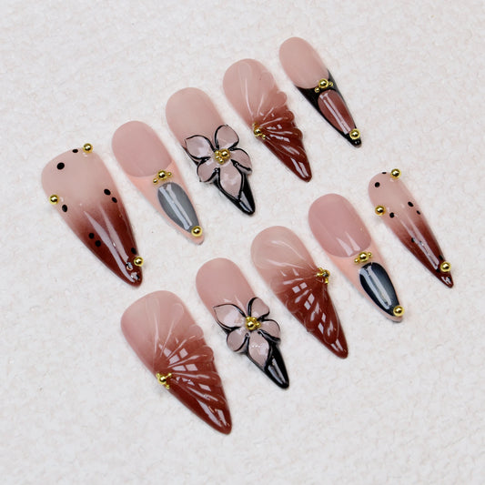 10Pcs Handpainted Manicure Long Stiletto Fake Nails Unique 3D Flower Press On Nails Design with Adhesive Nail File Set