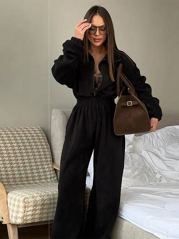 Casual Jumpsuit Women Solid  Laple Zipper Jackets Loose Elastic Waist Wide Leg Pants Female 2025 Spring Fashion Lady Outwears