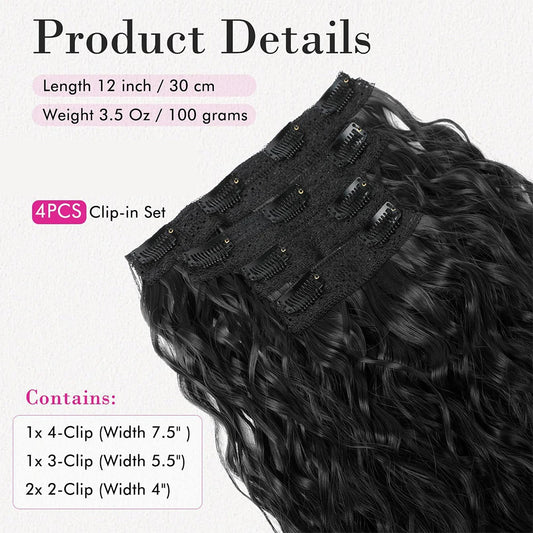 Sylhair 4PCS Clip in Hair Extensions for Women 12 Inch Synthetic Short Curly Wavy Invisible Lace Weft Natural Soft Hairpieces