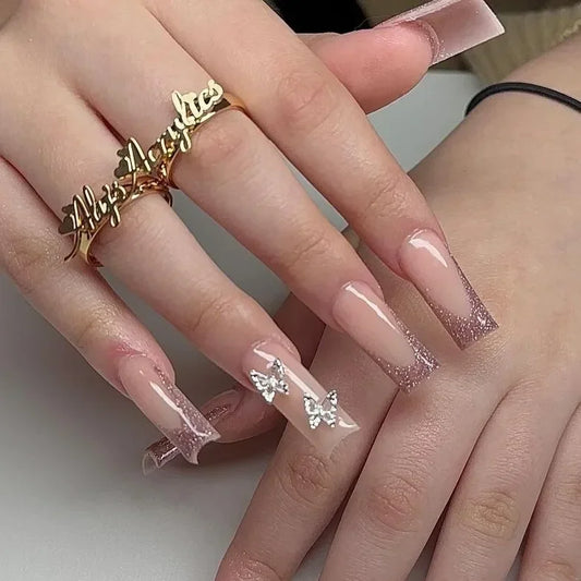 24Pcs Gold Ballet False Nails Long Coffin with Rhinestone French Wearable Fake Nail Transparent Decoration Press on Nail Tips