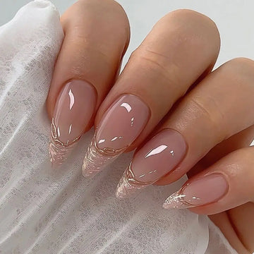 24pcs Long Almond False Nails French Manicure With Gold Edge Press on Nails Fake Nails DIY Manicure Detachable Nail Tips