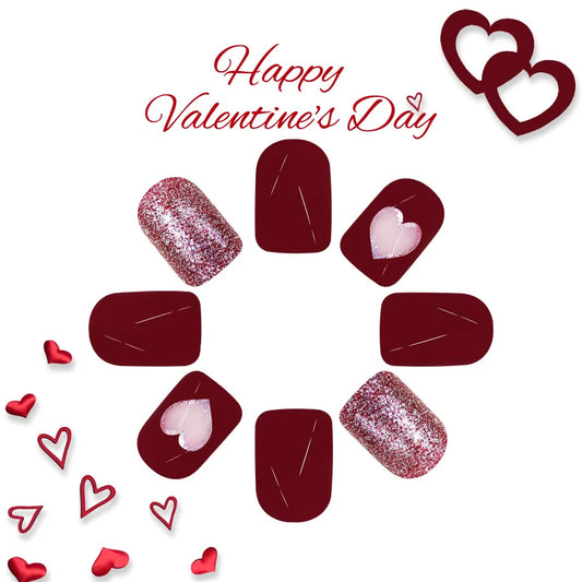 24 Pcs Short Square Press on Nails 2025 New Valentine's Day Wear Nail High Quality Burgundy Love Glitter Heart False Nails Set