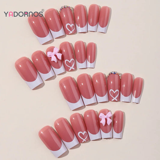 White French Tips Fake Nails Pink Bowknot Diamond Designs Medium Length Press on Nails Sweet Girls Charms Manicure False Nails