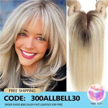 10/12/14 inches Hair Toppers for Women Brown Blonde Ombre Human Hair Toppers Silk Base Clips in Hair Extension Topper With Bangs