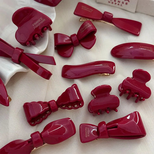 Sweet Retro High Quality Holiday Burgundy Hair Accessories Fashion Geometry Heart Bow Side Clip Duck Beak Clip For Sweet Girls