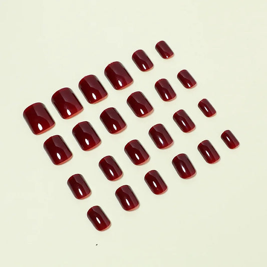 24Pcs Solid Color Wine Red Design Press on Nail Short Square False Nails Simple Detachable Finished Full Cover Nail Tips