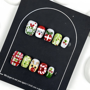 10pcs 2025 New Year Christmas Fake Nails Snowflake Design False Nails Art Full Cover Waterproof Removable Handmade Press on Nail