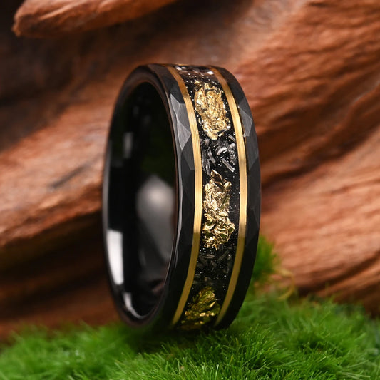 8mm Classic Fashion Tungsten Carbide Ring Black with Golden Foil Wedding Engagement Ring for Men and Women Jewelry Gift