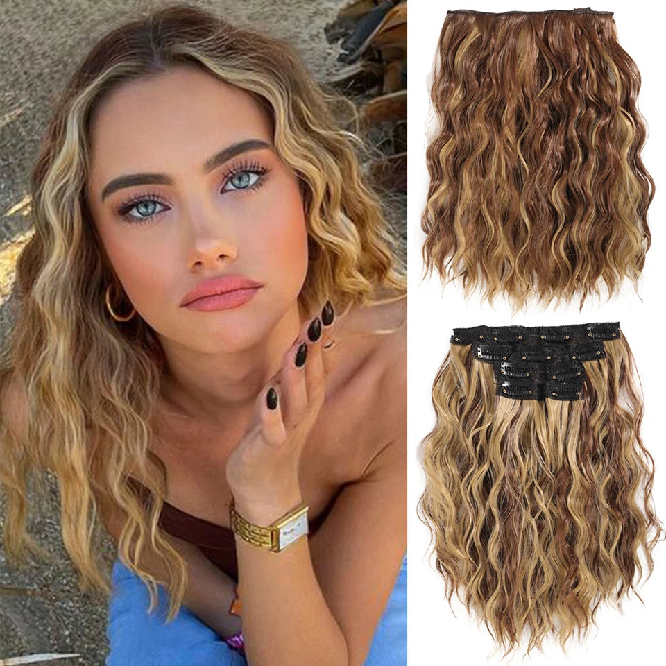 Clip In Hair Extensions Synthetic Hair 12Inch 4 PCS Set Wavy Curly Hair Extension Synthetic Hairpieces For Women Girls Daily Use