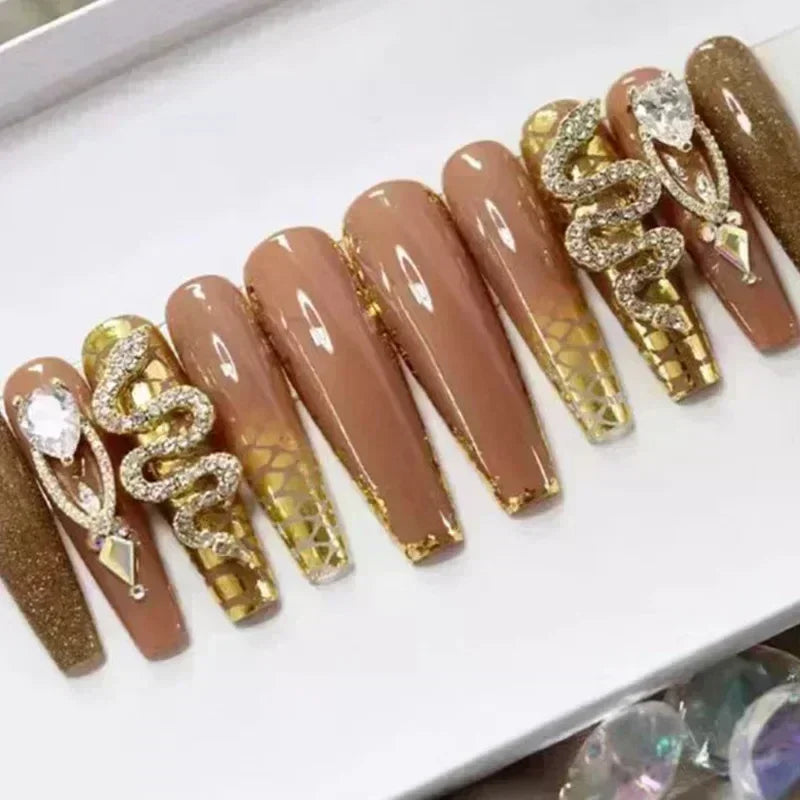 24Pcs Long Coffin False Nails with Glue Wearable Brown Fake Nails with   Rhinestones Ballet Press on Nails Full Cover Nail Tips