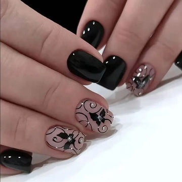 Black Butterfly Short Ballet Nail Tip French Fake Nails Full Cover Artificial Art Press on Nails Rhinestone False Nail Patch