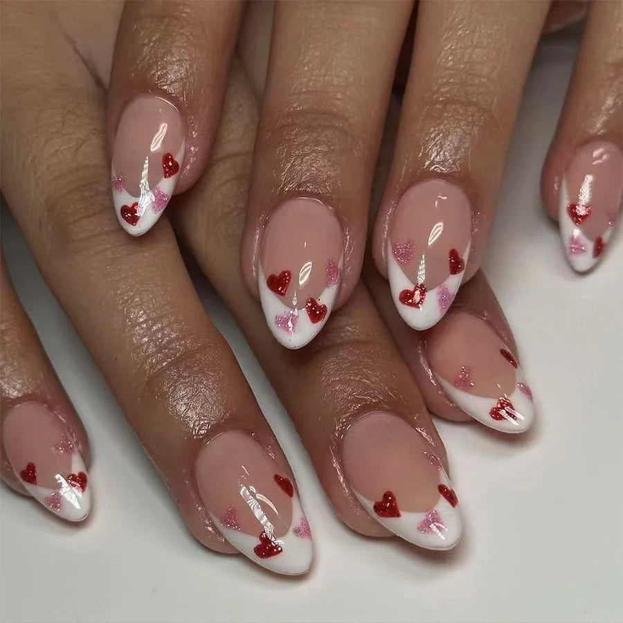 24Pcs Short Glossy Almond-Shaped Press On Nail French Edge Fake Nails Red Pink Heart Design Valentine's Day 2025 New For Girls