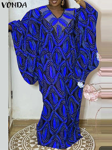 Plus Size 5XL VONDA Women Elegant Printing Long Maxi Dress V-Neck Evening Sundress 2024 Casual Long Sleeve Robe Party Vestidos