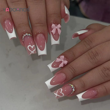 White French Tips Fake Nails Pink Bowknot Diamond Designs Medium Length Press on Nails Sweet Girls Charms Manicure False Nails