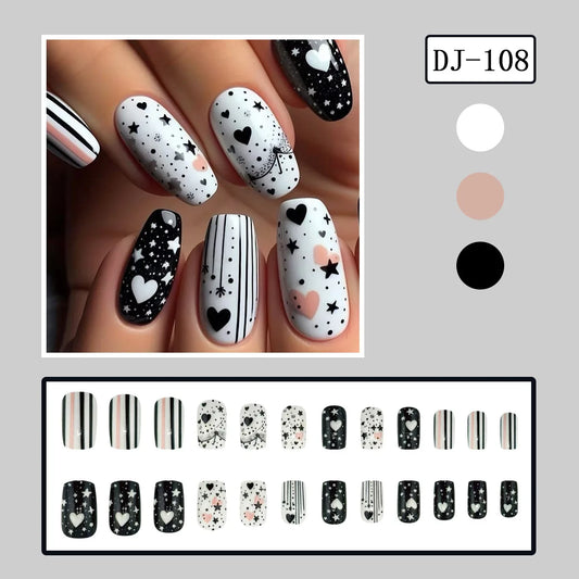 24Pcs Short Square Glossy Press On Nails Black And White Pink Pentagram Line Design Wearable False Nail For 2025 Valentine's Day