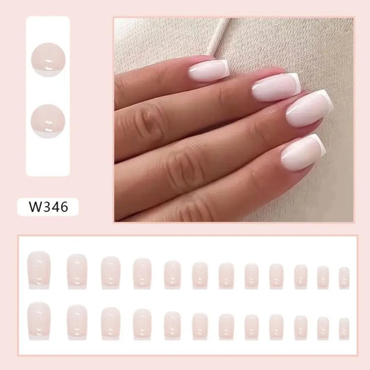 24PCS Short Square False Nails French White Edge Fake Nials Silver Flame Full Cover Press On Nails Detachable Ballerina Nail Tip