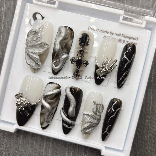 10pcs Handmade Fake Nails Black and White Nails 3D Relief White Snake Nails 2025 Snake Year Press on Nails for Women Daily Wear