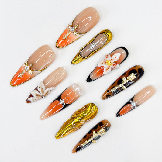 2025 New Handmade Long Manicure Gold Mandarin Duck Fake Nail Gloss Fake Nails Press on Flower Style Gift Tool Treasure