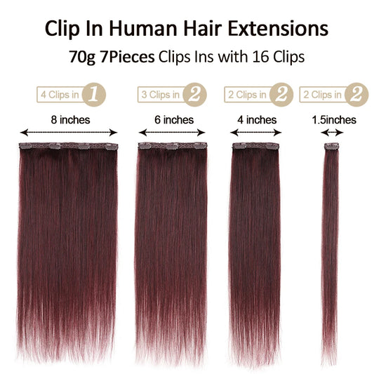 Burgundy Clip In Hair Extensions Real Human Hair 70g 7pcs Wine Red Human Hair Lace Doublet Weft Remy Hair Cosplay Extensions