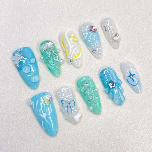 2025 New Handmade Blue Series Press on Nails Advanced Nail Relief Series 3D Female Hand Decoration