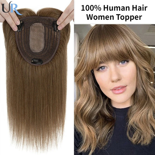 Human Hair Topper For Women Toppers With Bangs Clips In Hairpieces 100% Human Hair Wigs Natural Straight Hair Blonde Silk Base