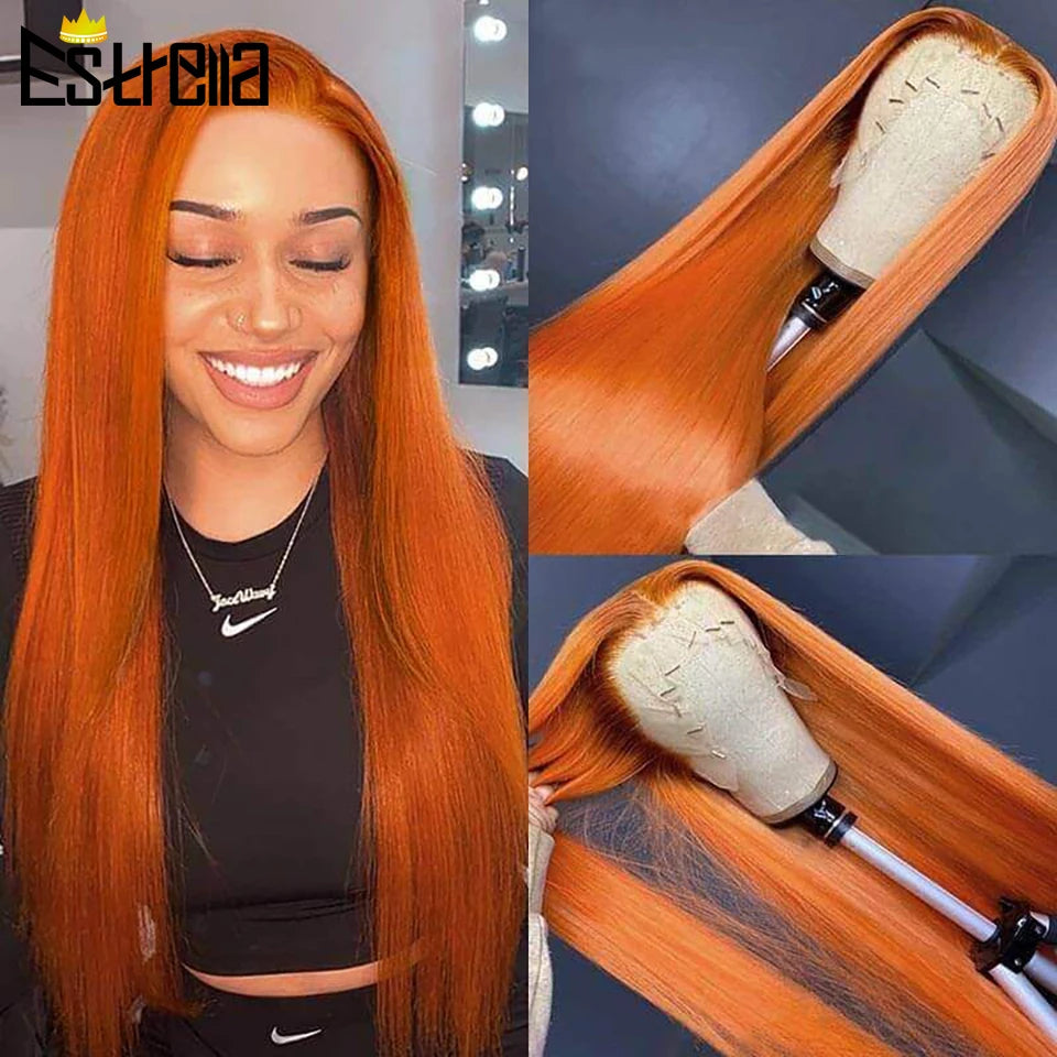 Orange Brazilian Straight Human Hair Wigs For Woman Colored Ginger Orange T Lace Part Hair Wigs 2 pieces Remy 13x1 Lace Wigs