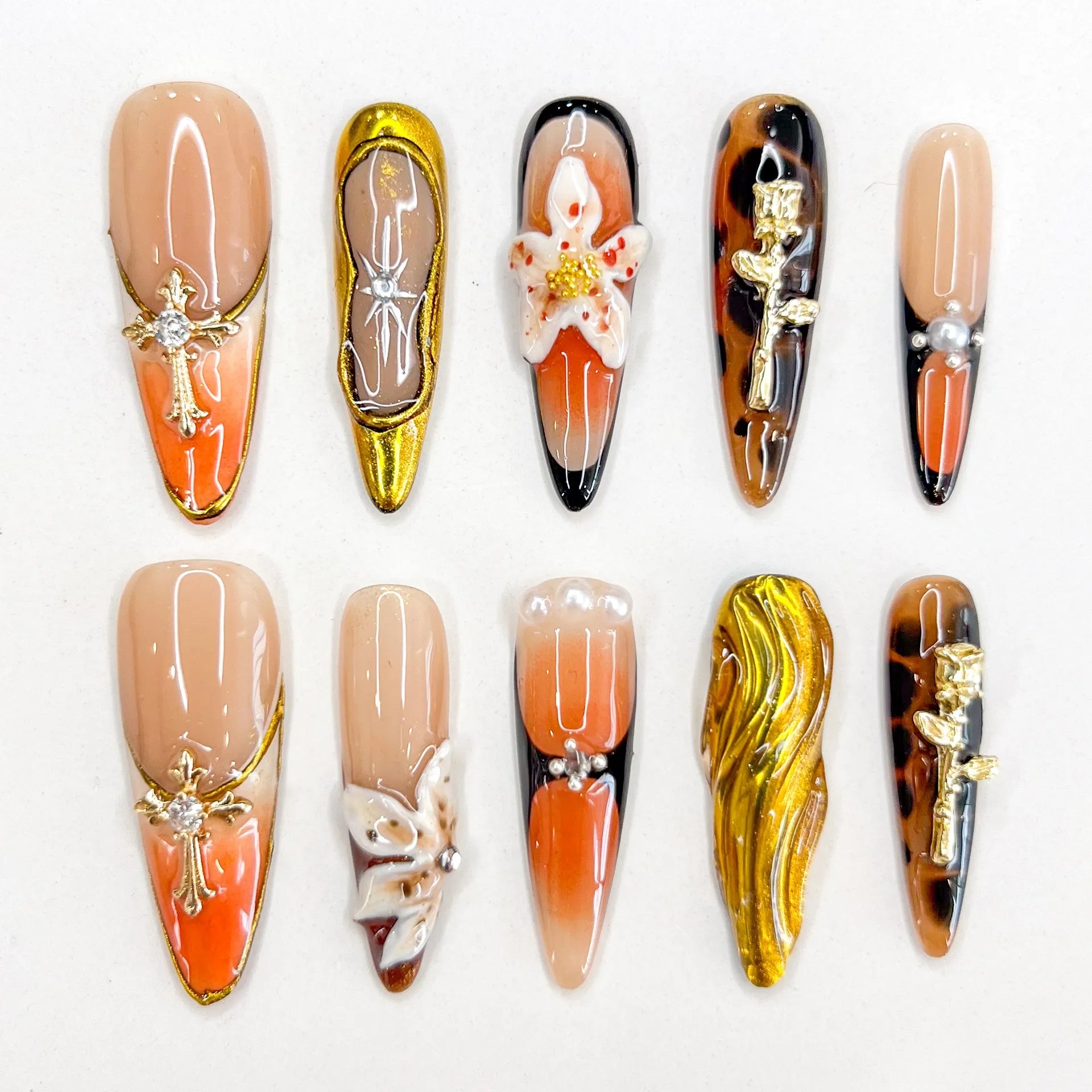 2025 New Handmade Long Manicure Gold Mandarin Duck Fake Nail Gloss Fake Nails Press on Flower Style Gift Tool Treasure