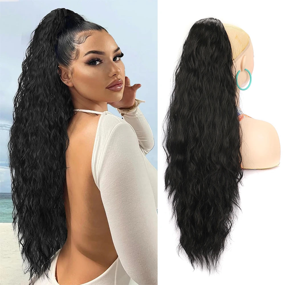 Ponytail Extension 30 Inch Extra Long Drawstring Wavy Curly Ponytails Black Brown Synthetic Fiber Fake Hair piece for Women