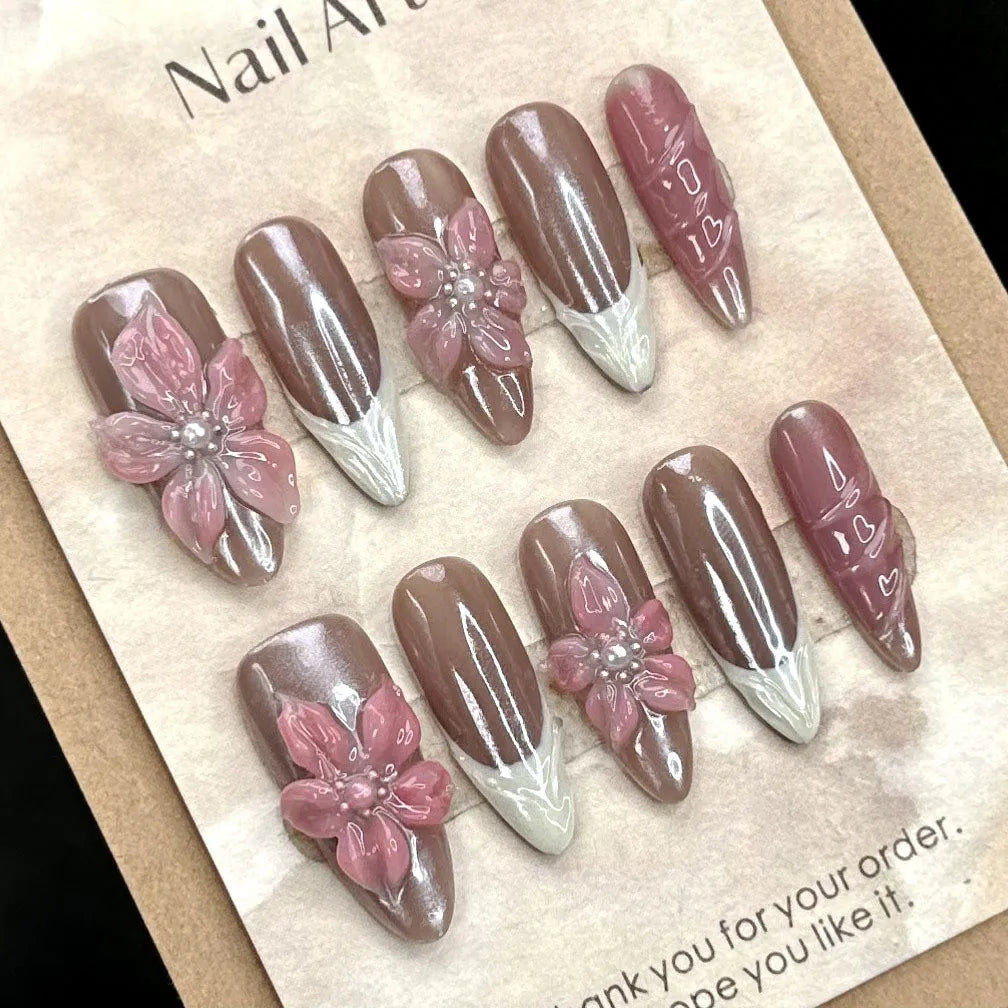 10Pcs Handmade Fake Nails Red Brown 3D Carving  Flower Fake Nails High-end and Luxury Press on Nails for Lady Wear